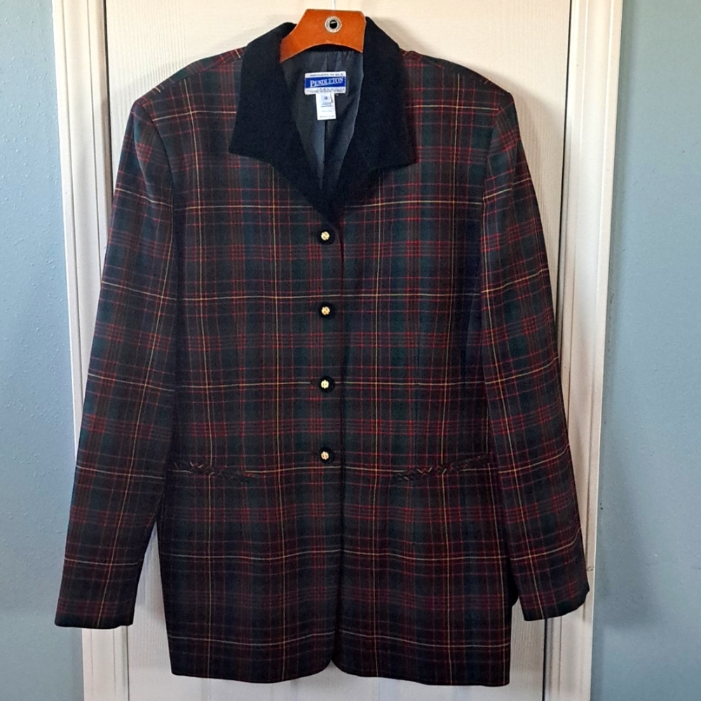 Pendleton Virgin Wool Tartan Velvet Collar Plaid Gold Buttons Blazer Jacket